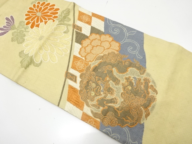 JAPANESE KIMONO / ANTIQUE CHU-YA OBI / WOVEN LION & CURTAINS